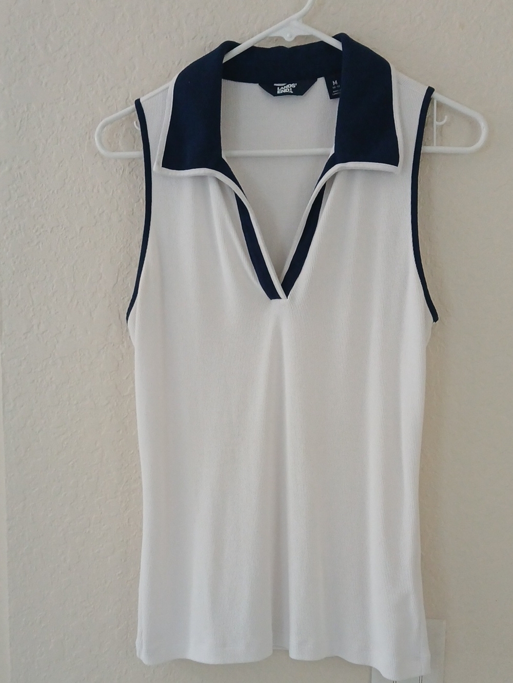 Lands' End White Tank Top with Navy Collar And Trim